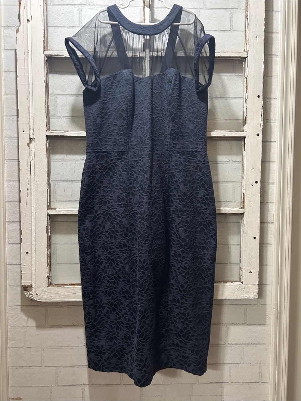 Maggy London Navy Blue Lace Illusion Neckline Sheath Dress - Size 10